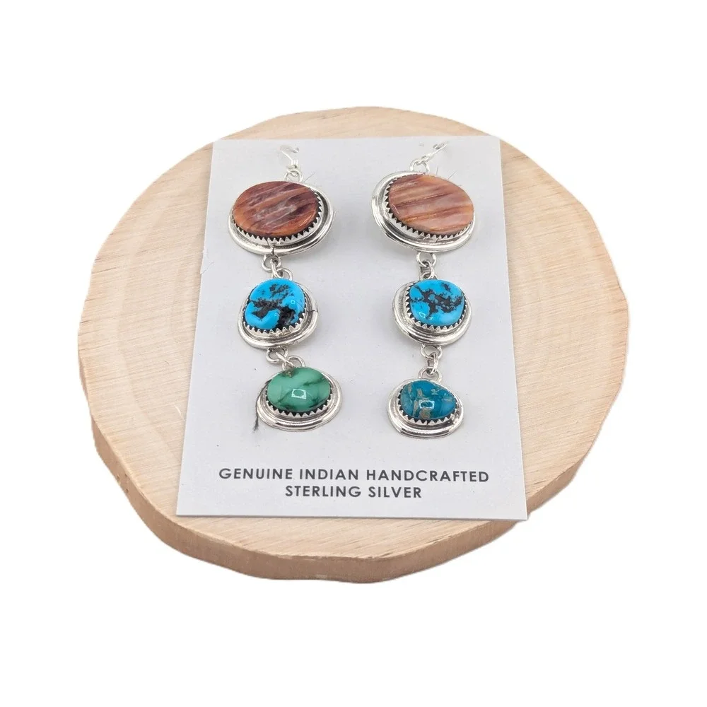 Navajo 3 Stones Drop Dangle Earrings Sterling Silver Handmade Turq‎ Jewelry **